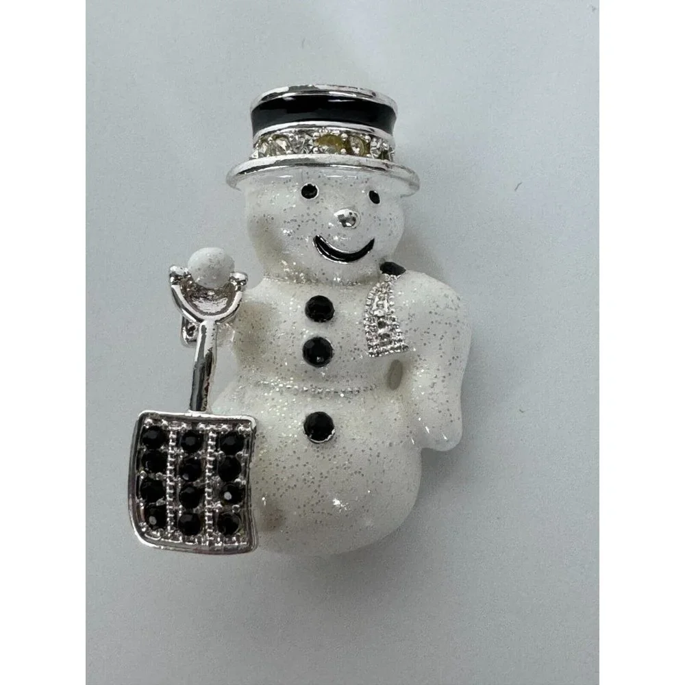 Christmas Snowman Brooch Pin Enamel Jewelry Winter Snow Shovel Frosty Holidays - Picture 4 of 4
